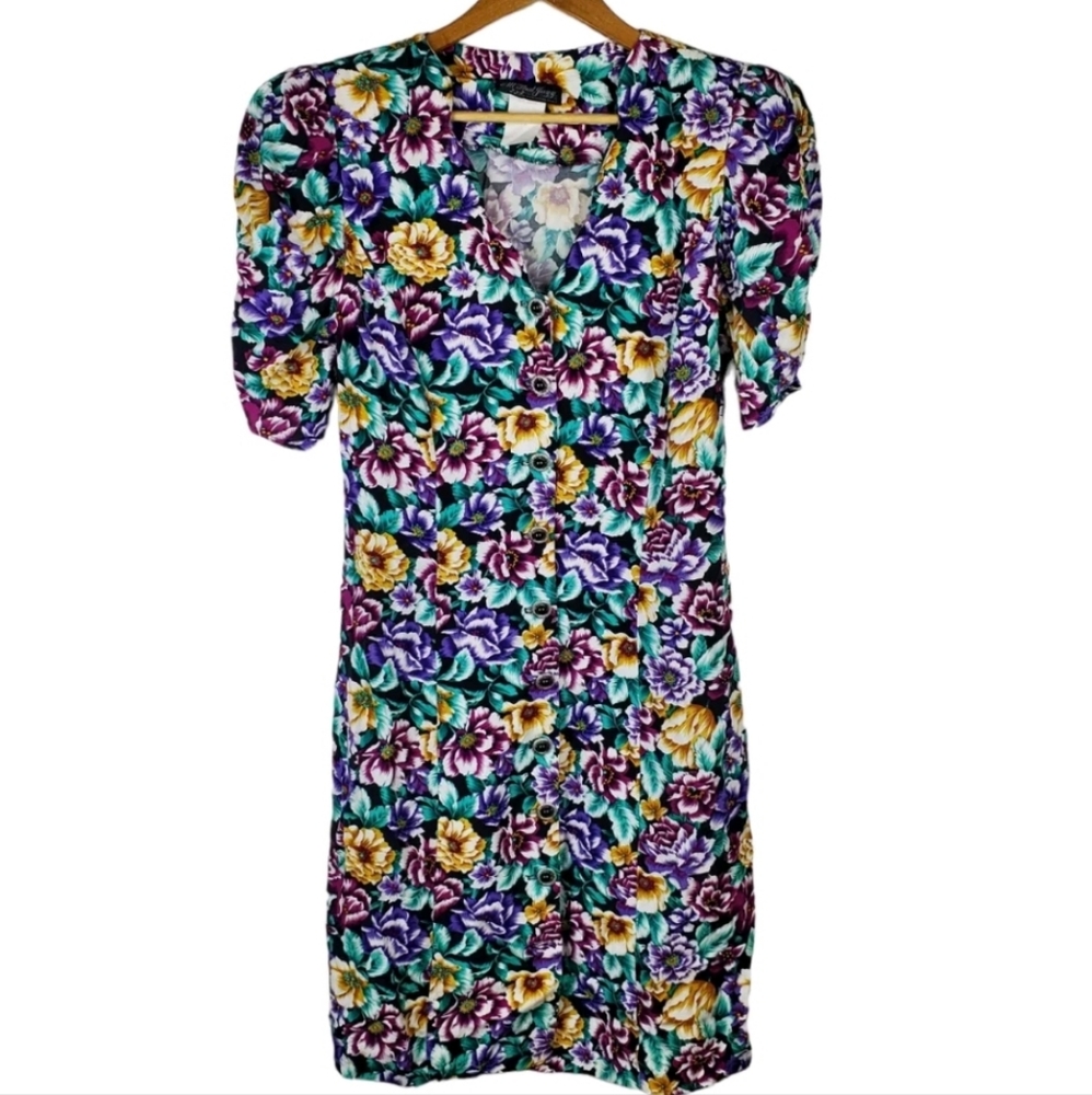 Vintage All That Jazz Scallop V-Neck Floral Button Front Sheath Dress Sz 11/12